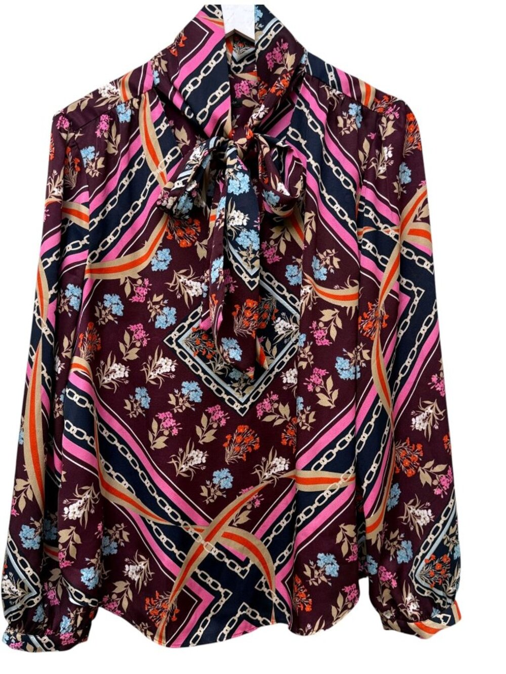 Ann Taylor Bow Blouse XL Burgundy Floral Link Print Career Office Womens Top